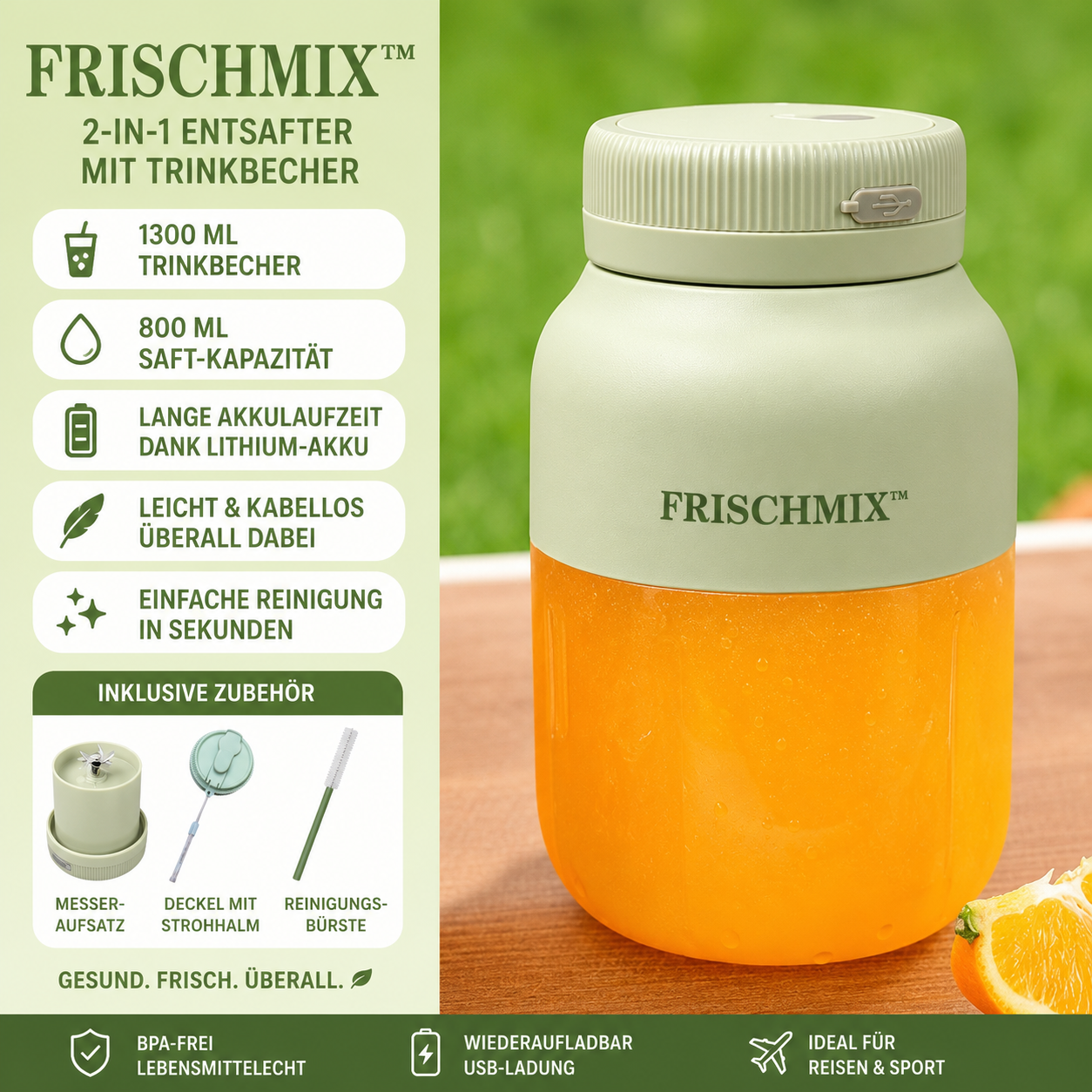 FrischMix™ - Kabelloser 2-in-1 Entsafter mit Trinkbecher